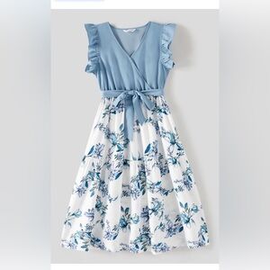 PatPat Mommy and Me Dress, Blue Floral Print V Neck Ruffle Trim
